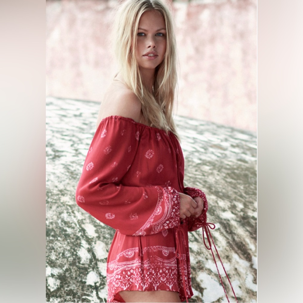 NWT The Jetset Diaries Revolve Fuego Romper Red Off Shoulder Tassels - S - Picture 3 of 5